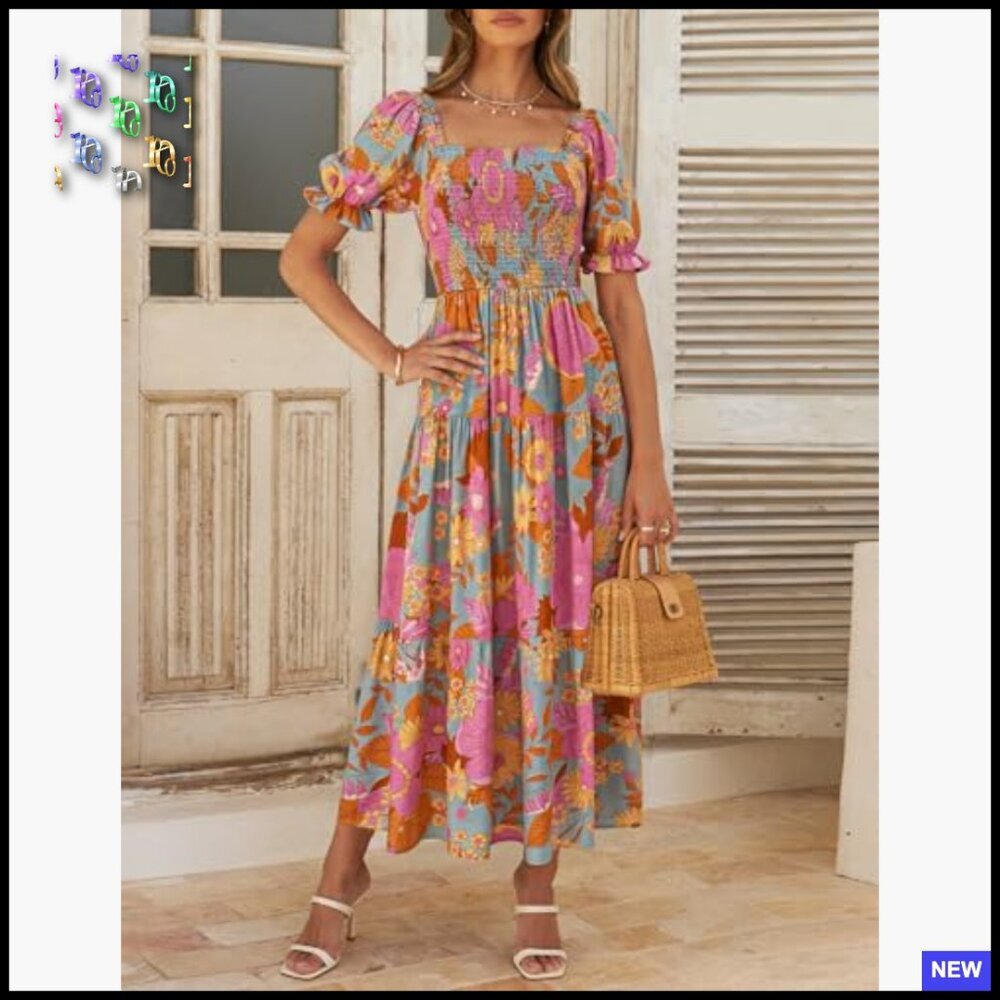 Boho Floral Maxi Dress Square Neck Ruffle Swing Summer Beach Casual Chic - Picture 5 of 7